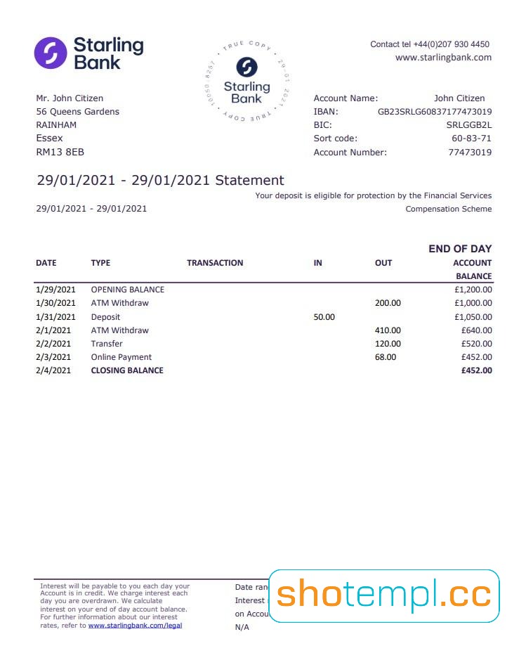 Starling Bank Statement Template in PDF Format